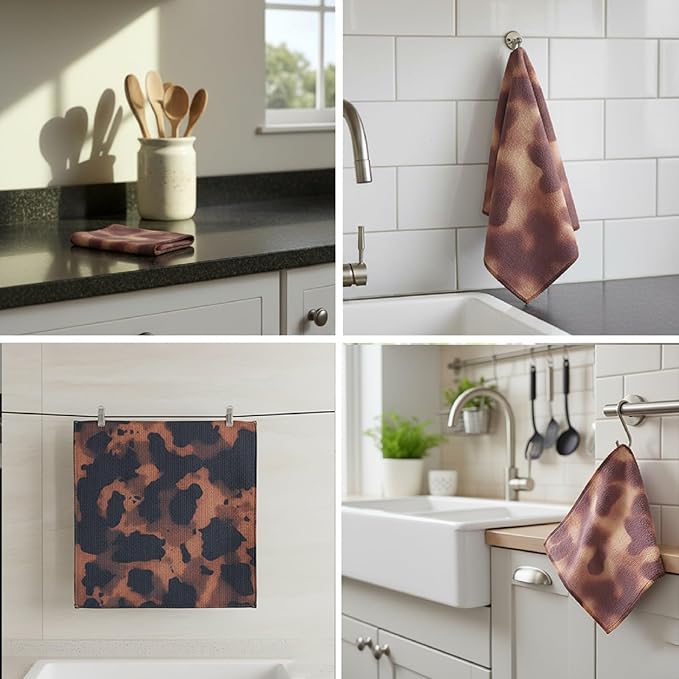 8-Pack Ultra-Fine Microfiber Kitchen Towels, 7-Inch Square with 8 Clips & Multiple Patterns – Soft, Absorbent, Reusable Cleaning Cloths (Tortoise Shell Pattern)