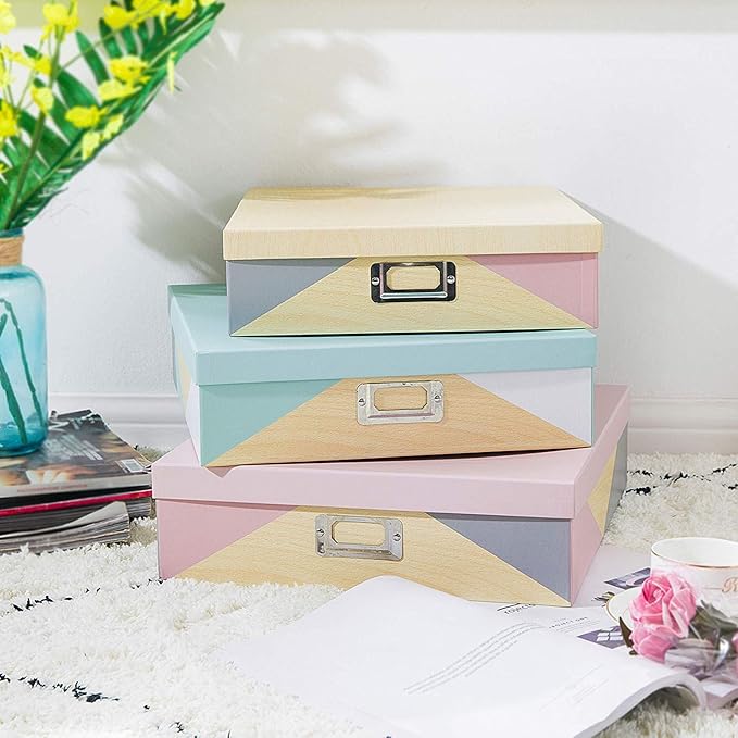 SLPR Decorative Cardboard Storage Boxes With Lids - Set of 3: Paperboard Photo Storage Box, Document Boxes for Organizing and Home Decor, Memory Box For Keepsakes