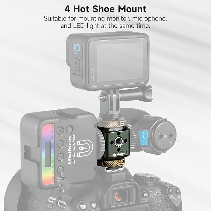 MINIFOCUS Camera Hot Shoe Extension Bracket with Quadruple Cold Shoe Mounts Adapter for Microphone LED Video Light, Aluminum Shoe Mount Holder with 1/4''&3/8'' Thread Hole and Arri-locating Hole