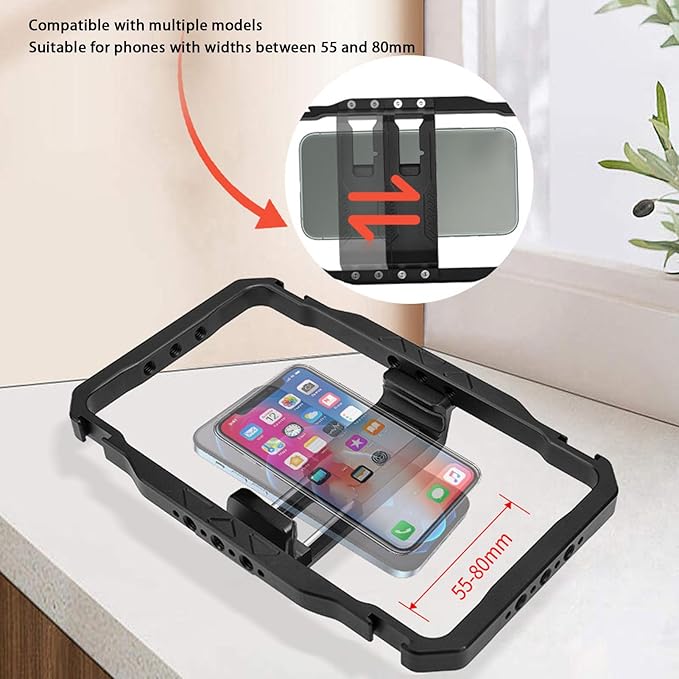 Smartphone Video Rig Kit, Aluminum Alloy Detachable Dual Wooden Handles Phone Cage for Cellphone Handheld Stabilizer, Universal Phone Video Rig Kit for Vlogs Videos Live Streaming