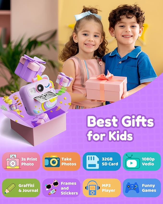 KOKODI Kids Camera Instant Print, Toddler Cameras Christmas Birthday Gifts for Girls Age 3-12, Digital Video Instant Printable Camera for Kids,Toys for Ages 5-7 Girls (Purple)