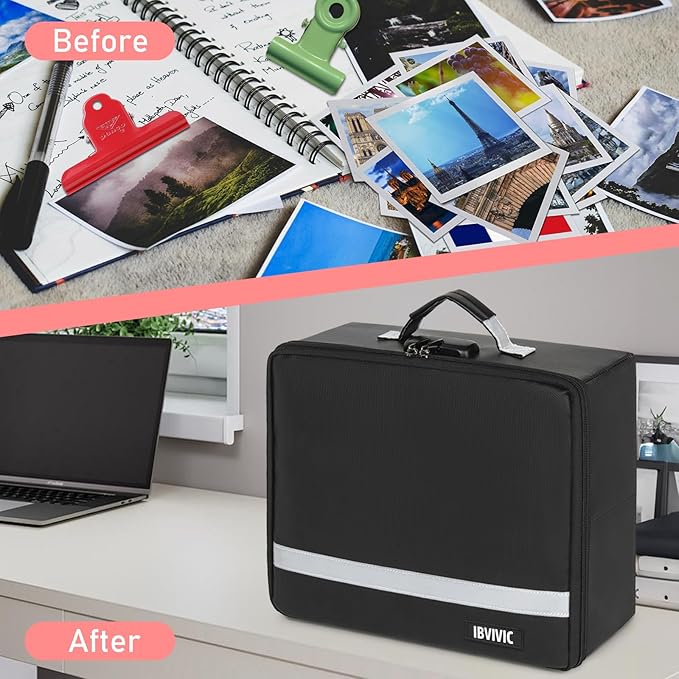 IBVIVIC Fire-resistant Photo Storage Box, Photo Organizer with Lock, Portable Photo Storage Containers Suitable for Storing 18pcs 4" x 6" Photo Cases (Box Only)