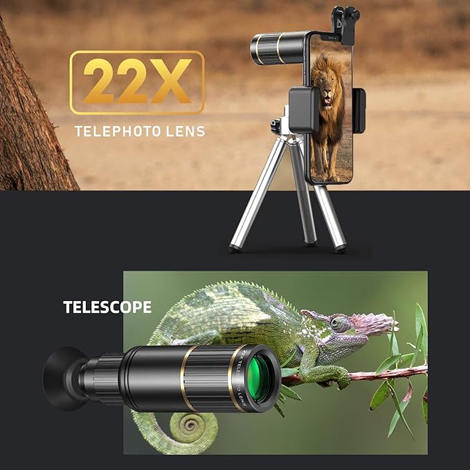 Andoer 4-in-1 Phone Lens Kit External Phone Camera Lens Set with 22X Telephoto Lens 205° Fisheye Lens 4K 0.67X Wide Angle Lens 25X Macro Lens Clip Phone Mini Tripod Replacement for iPhone 15/14/13/12