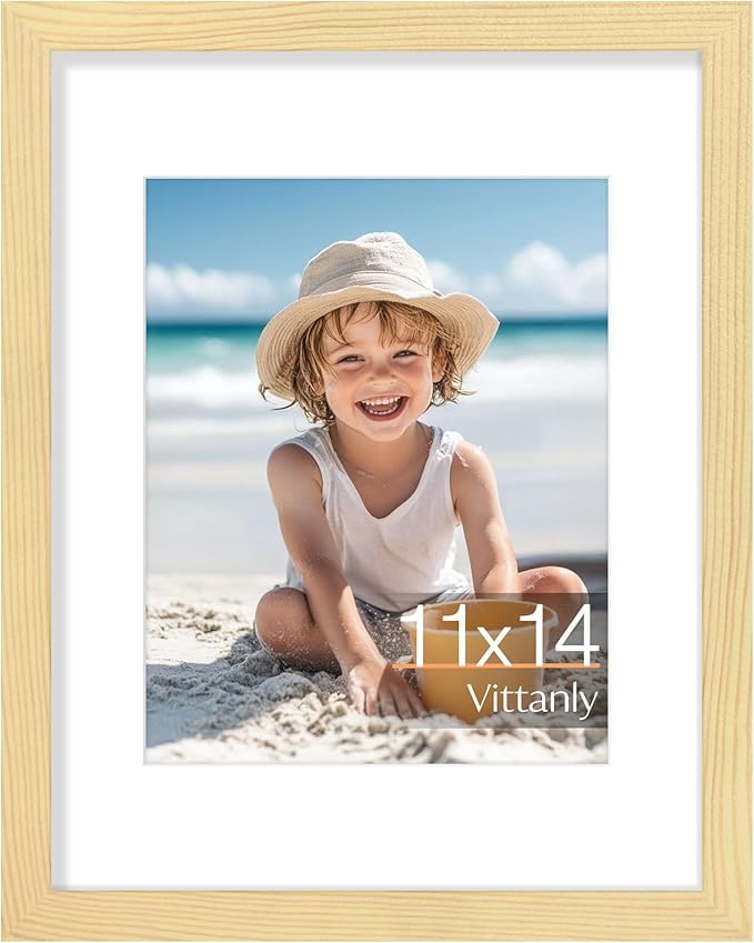 Vittanly 11x14 Picture Frame, Made of Solid Wood and Shatterproof Plexiglass, Display Pictures 8x10 with Mat or 8x10 without Mat, Wooden Photo Frame for Wall Mounting or Tabletop, Natural, 1 Pack