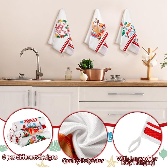 Preboun 6 Pcs Beach Christmas Kitchen Towels Hawaii Tropical Decorative Hand Towels Santa Gingerbread Man Merry Christmas Dish Cloth Farmhouse Tea Cloth Bathroom Decor