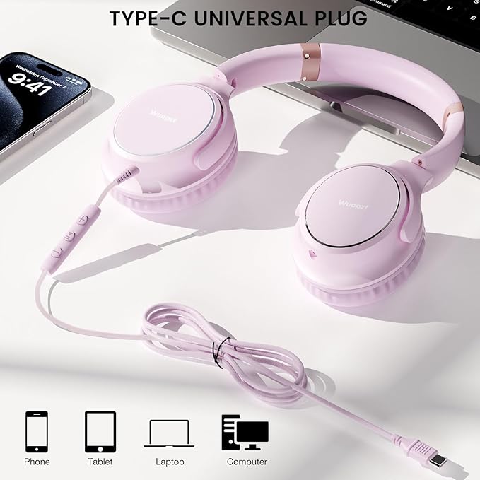 USB C Wired Over-Ear Headphones with Microphone, Volume Control, Share Port, and Adjustable Headband Foldable Stereo Headset for Adult/Teens for iPhone 16, Samsung, Laptop, Gaming, Travel