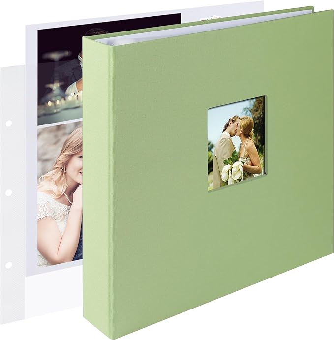 1DOT2 12x12 Inch Large 3 Ring DIY Scrapbook Photo Album Journal with 30 Plastic Sleeves 60 Pages and Fabric Cover for Baby Travel Wedding Anniversary kids Adventure (Sage Green Cover/White Pages)