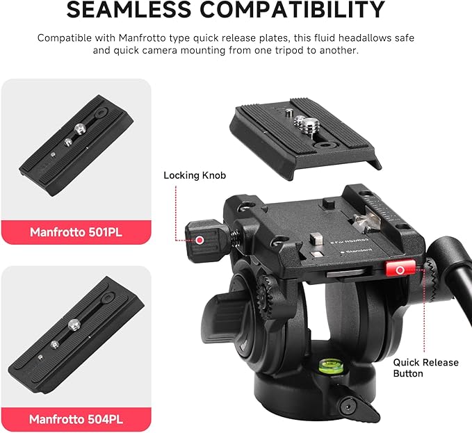Avella Video Tripod Fluid Head with Quick Release Plate, Lightweight Heavy Duty Compatible with Manfrotto,Max Load 13.2lb/6kg for Video Canon Nikon Sony Olympus Panasonic DSLR Camera, V504