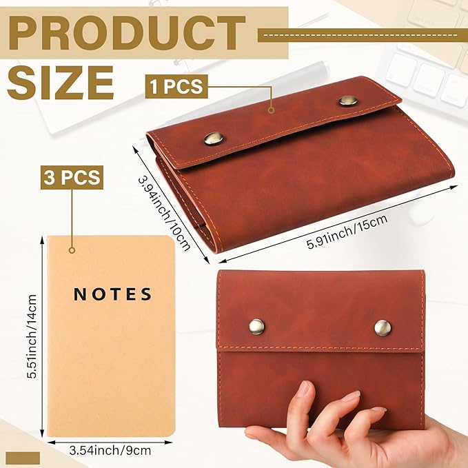 Frienda Field Notebook Leather Cover with 3 Pcs Pocket Notebooks 3.5" x 5.5" Small Journal Note Cover Blank Mini Notepad Holder Memo Sheets for Offices Meetings Daily Records Travel