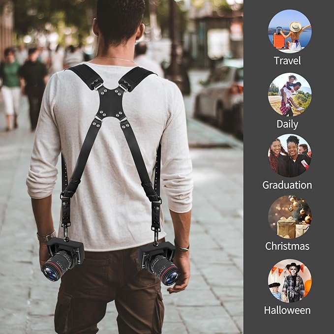Bebaimis Dual Camera Harness Strap for Two-Cameras,Dual Shoulder Leather Camera Strap,Double Camera Harness for DSLR/SLR