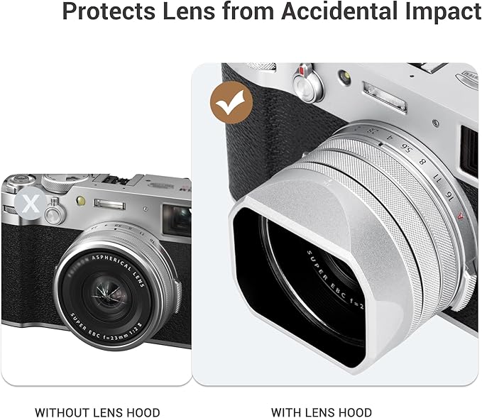 Square Metal X100VI Lens Hood with Hood Cap & 49mm Filter Adapter Ring, Protective Cover Lens Shade Protector for Fujifilm Fuji X100VI X100V Camera, Block Stray Light (No Filter Included)-Silver