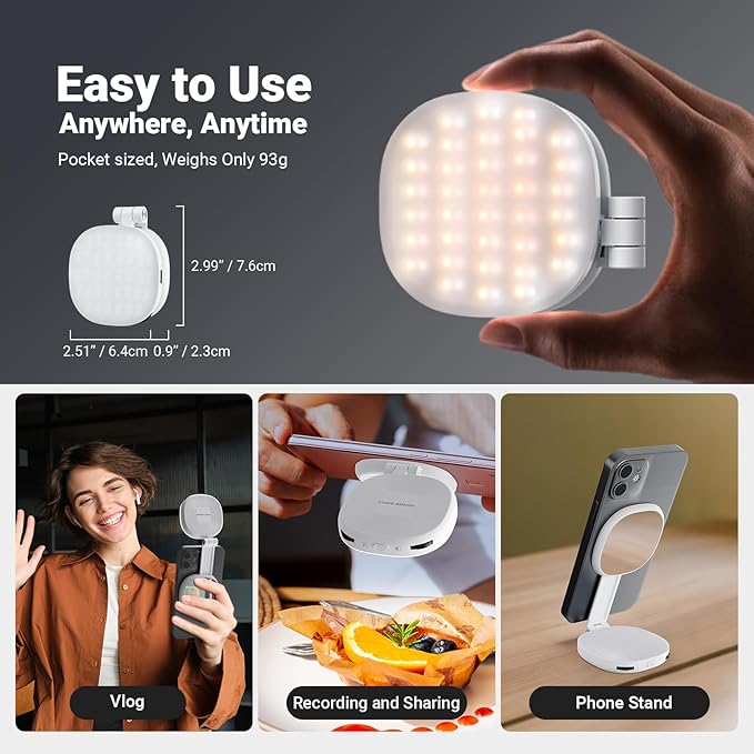 NEEWER Basics Magnetic Selfie Light Compatible with MagSafe iPhone, 2W Bi Color Small LED Phone Fill Ring Lighting CRI95+ with 360° Swivel, Mirror for Makeup Video Conference Recording, NL72B White