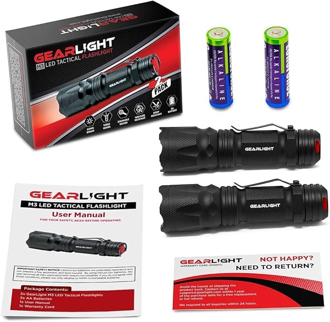 GearLight M3 Mini LED Flashlight - 2 Bright, Small Tactical Flashlights with High Lumens and Pocket Clip for Camping, Outdoor & Emergency Use ﻿ - Black