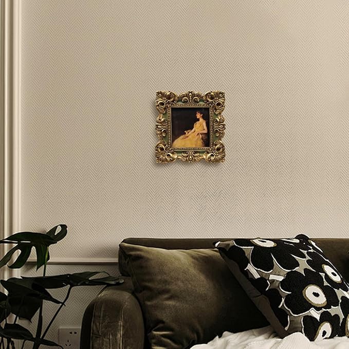 CISOO 4x4 Vintage Small Picture Frame, Antique Ornate Green and Gold Square Photo Frame, for Table Top and Wall Display, Decorative Floral Design Retro Home Decor, Photo Gallery Art