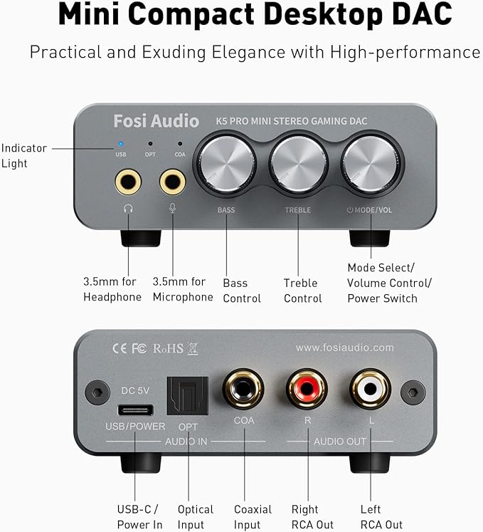 Fosi Audio K5 Pro Gaming DAC Headphone Amplifier Mini Hi-Fi Stereo Digital-to-Analog Audio Converter USB Type C/Optical/Coaxial to RCA/3.5MM AUX for PS5/PC/MAC/Computer