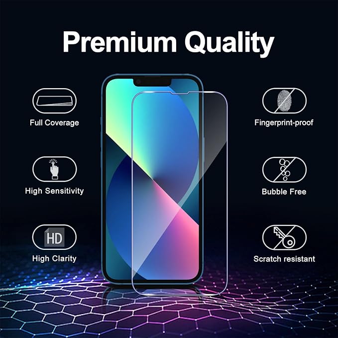 Screen Protector for iPhone 14/13 Pro / 13 (3 PACK), Tempered Glass Film, Full Coverage, Ultra HD, 9H Hardness, Scratch Resistant, Case-Friendly