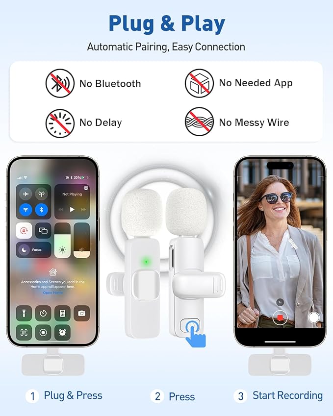 PoP voice USB C Mini Microphone for iPhone 16/15/14/Android, Wireless Lavalier Microphone with Noise Reduction, Lapel Lav Mic for Vlog YouTube TikTok Recording, 12H, 65ft (White)