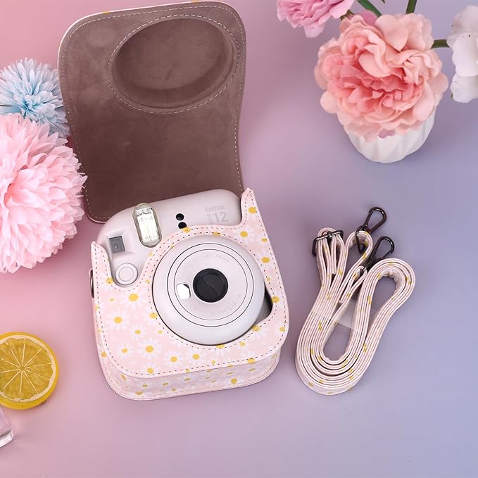 Frankmate Protective Case Fit for Fujifilm Instax Mini 12 11 9 8 Camera, PU Leather Camera Bag with Pocket and Adjustable Shoulder Strap (Pink Daisy)