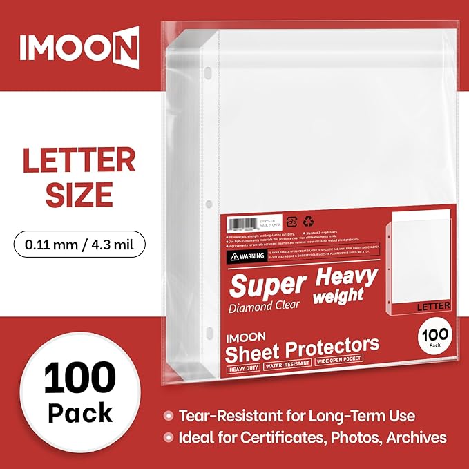 Super Heavyweight 3-Hole Letter Size Sheet Protectors - High Transparency Plastic Heavy Duty Sleeves for 3 Ring Binders, Archival Safe, Durable Page Protectors for Documents, 8.5x11 Inch (100 Pack)