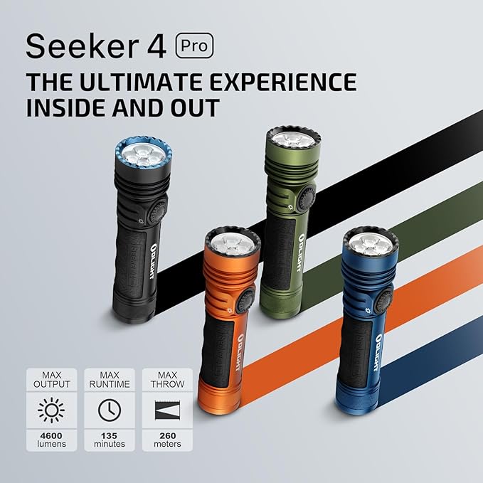 OLIGHT Seeker 4 Pro Rechargeable Flashlights, 4600 Lumens High Powerful Bright LED Light with USB C Holster, Waterproof IPX8 for Emergencies, Camping, Searching(White)
