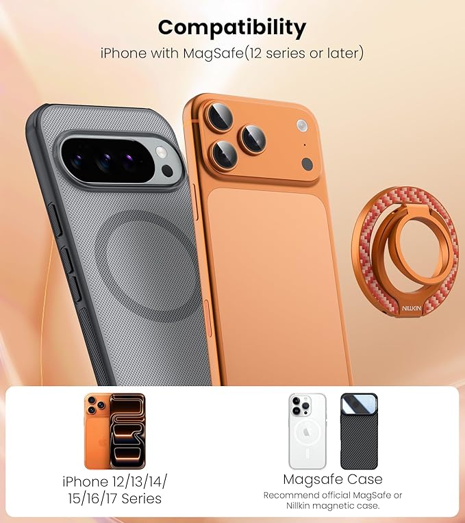 Nillkin MagSafe Phone Grip Ring Holder for Dual-Sided Magnet, Removable Magnetic Phone Ring Holder for iPhone 17/16/Pixel Snap Grip, Carbon Fiber, MagSafe Ring Stand, Accessories for iPhone, Orange ﻿