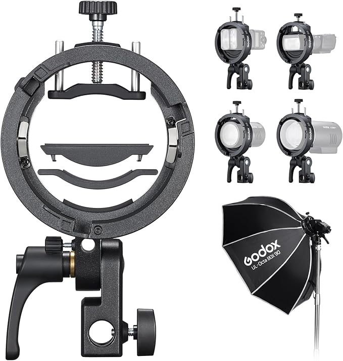 Godox S3 Speedlite Bracket, Compact Lightweight Bowens Mount for Godox V1/V1Pro, AD200/AD300, V860II/III, 20% Smaller Than S2, ±90° Angle Adjustment & Umbrella Hole, 0.45kg