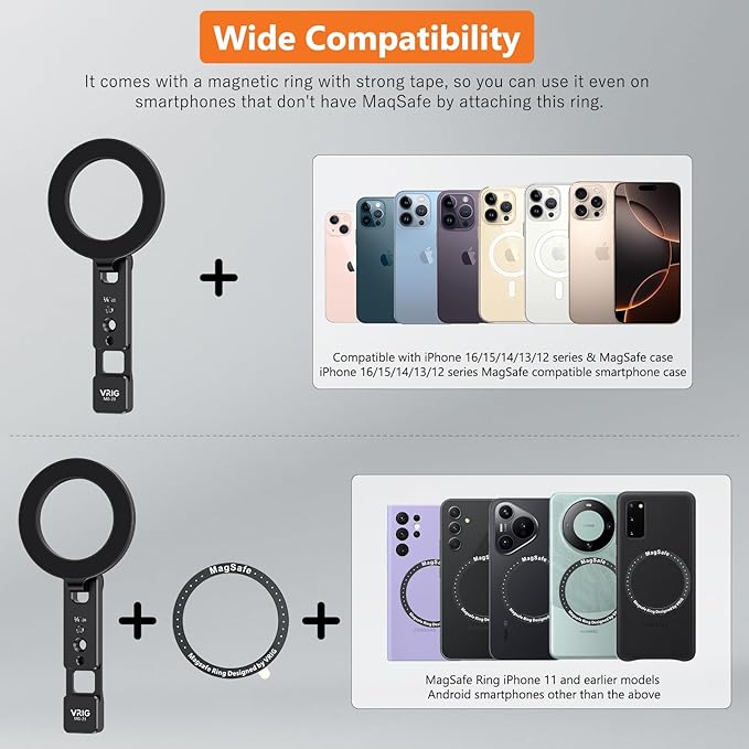 VRIG Magnetic Phone Tripod Mount for iPhone, Foldable Metal Phone Holder with Double 1/4" Screw Holes and Cold Shoe, Compatible Handles Selfie Stick Tripod Fill-Light Microphone, MG-23