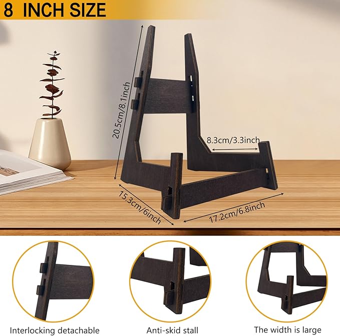 COLOOFO 1 Pack 8 Inch Plate Stand, Wooden Display Stand Plate Stands for Display Decorative Picture Frame Stand, Easel Display Stand,Book Display Stand, Plate Holder Display Stand (8 Inch-1PCS)