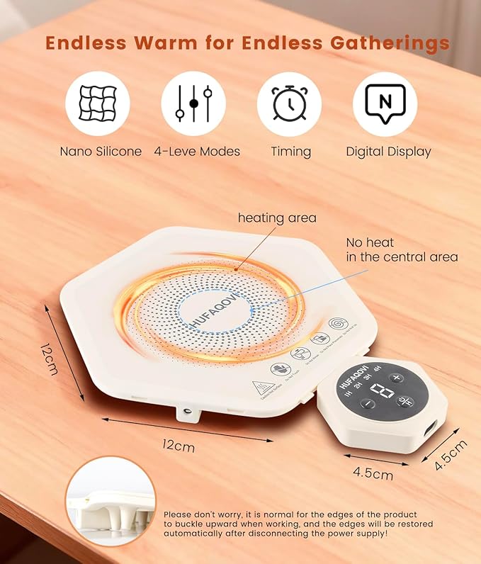 Food Heating Pad - Fast Heating Silicone Electric Tray, Level 4 Temperature Rise, Protect Table, Roll Up Self-Service Hot Plate Heating Pad, Portable Food Warmer for Party and Family Trips (4)