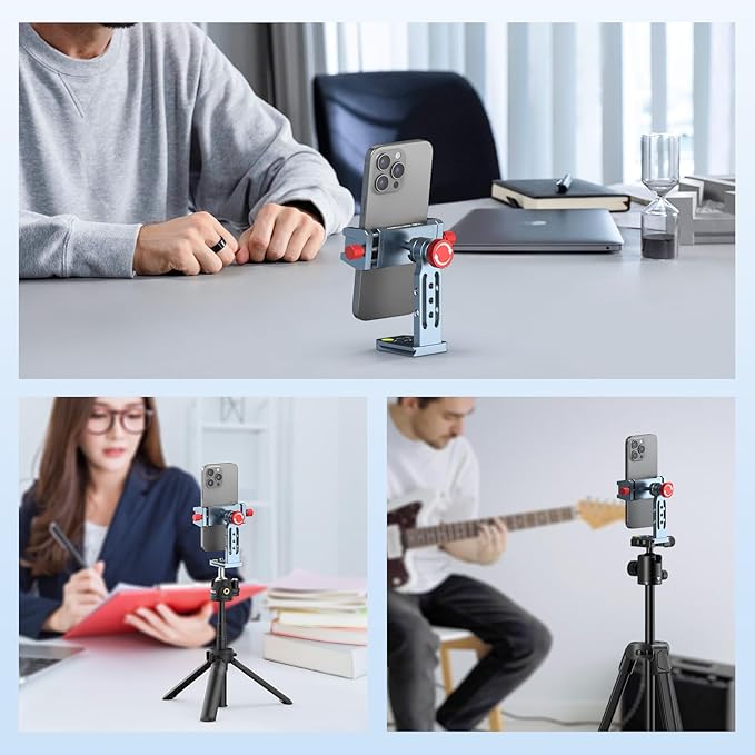 Phone Tripod Mount Aluminum Alloy, 360° Rotatable Phone Stand Holder Clamp with Cold Shoe and Arca Base Compatible with iPhone 15 Pro Max Galaxy S24 Ultra Pixel & 2.5"-4" Wide Smartphones
