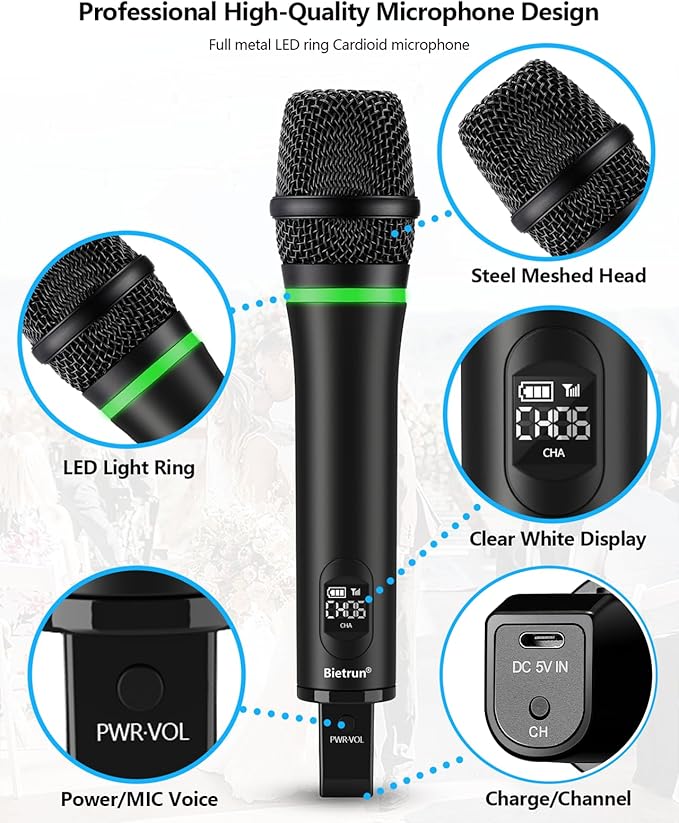 Bietrun XLR Wireless Microphone, Rechargeable Dual Metal Cordless Handheld Dynamic Mics for Mixer, Audio Interface, PA Amplifier System, Church, Singing, Karaoke(UHF 240FT Range)(with 6.35 Adapter)