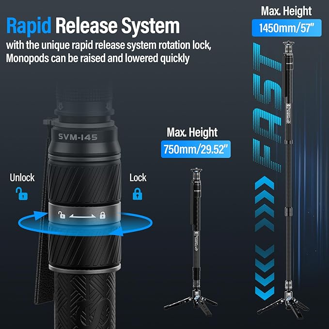 SIRUI SVM-145 Rapid Monopod with Feet, 57” Professional Carbon Fiber Camera Monopod, One-Step Rapid Height Adjustment, Modular 3 in 1, Max Load 22lbs