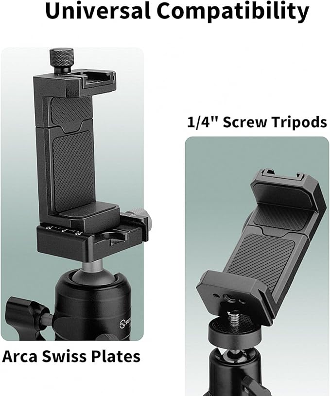 Aluminum Phone Tripod Mount with Cold Shoe & ARCA-Swiss Quick Release, Adjustable Smartphone Clamp with 1/4" Thread, Universal Phone Holder for iPhone 17/16/15/14/13, Samsung, Vlogging, Filming