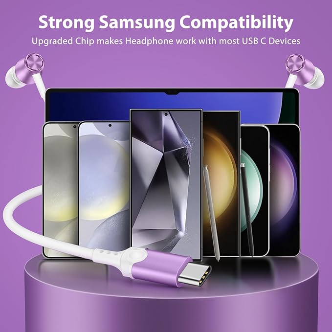 Jiunai USB C Headphones for iPhone 17 Pro Max Type C Wired Earbuds with Mic in Ear Magnetic Noise Isolation Stereo AUX Audio Corded Earphones for Samsung S26 S25 iPhone 16 15 for iPad Pixel 10 Purple