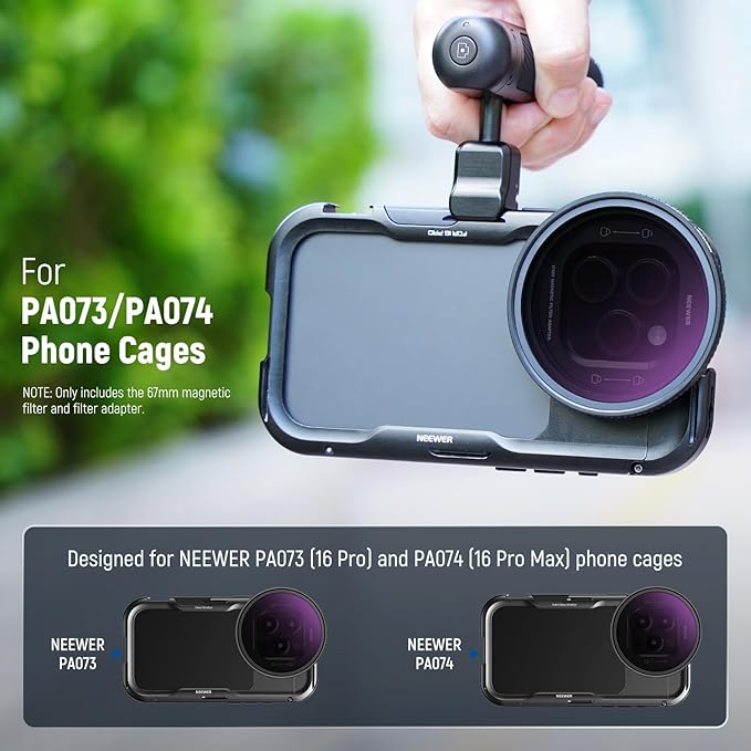 NEEWER 67mm Magnetic ND Filter Set, Variable ND2-32 (1-5 Stops) Multicoated HD with Magnetic Filter Backplate Adapter, Compatible with iPhone 16 Pro/16 Pro Max Phone Cage Video Rig (PA073/PA074)