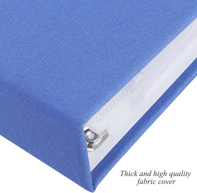 1DOT2 12x12 Inch Large 3 Ring DIY Scrapbook Photo Album Journal with 30 Plastic Sleeves 60 Pages and Fabric Cover for Baby Travel Wedding Couple Anniversary kids Adventure (Blue Cover/White Pages)