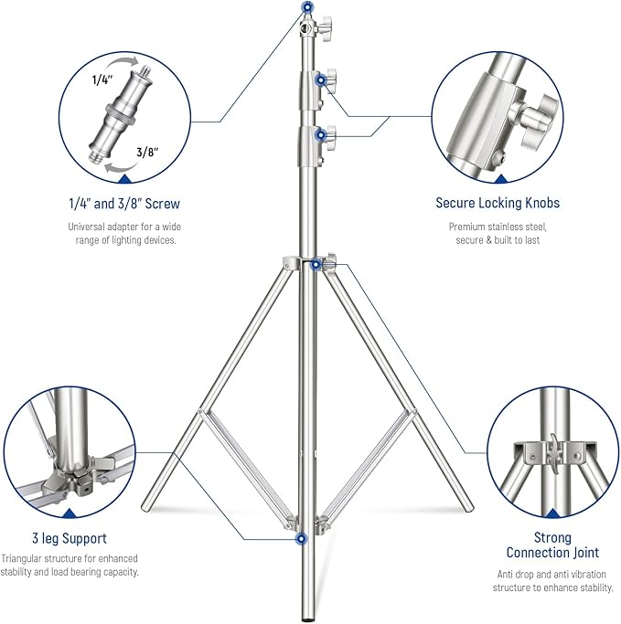 NEEWER 2Pcs 9.2ft Stainless Steel Light Stands, Spring Cushioned Heavy Duty Photography Tripod Stand with 1/4"-3/8" Adapter for Strobe Video Ring Light Monolight Softbox, 22lb Max Load, ST-280SS