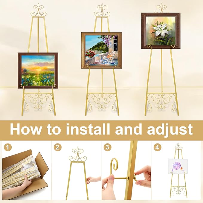 Gold Easel Stand for Wedding Sign, 55'' Adjustable Vintage Scroll Floor Display Stand with Chain Support for Welcome Poster, Art, Photo, Decorative Event Display