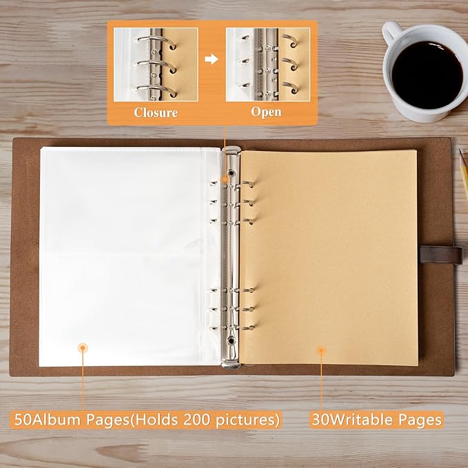Photo Album 4x6 200 Photos, Genuine Leather Photo Albums with Writing Space with 30 Writing Paper, Travel Family Wedding Kids Graduation Ultrasound Baby Picture Album Scrapbook Photo Album（Hello Baby）