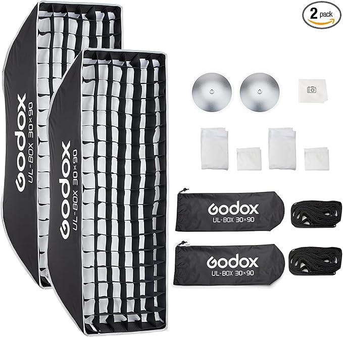 Godox 2pc Quick Release Strip Softbox,UL 12"x35"/30x90cm Bowens Mount Soft Box with Grid,Diffuser,Carry Bag for Studio Strobe Flash Continuous Light,Outdoor Photography Video Recording,Live Streaming
