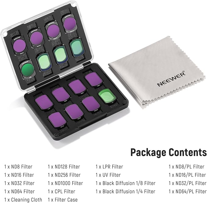 NEEWER 16 Pack Filter Set for Pocket 3, ND8 ND16 ND32 ND64 ND128 ND256 ND1000 ND8/PL ND16/PL ND32/PL ND64/PL Black Diffusion 1/4 1/8 UV Light Pollution CPL Compatible with DJI Osmo Pocket 3, FL-B06
