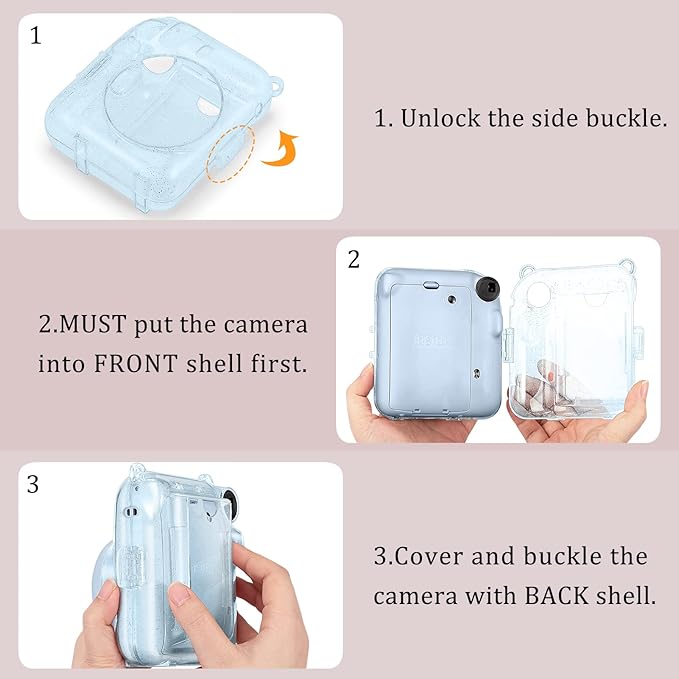 Fintie Protective Clear Case for Fujifilm Instax Mini 12 Instant Camera - Crystal Hard Shell Cover with Upgraded Film Pocket for Storing Photos & Removable Shoulder Strap