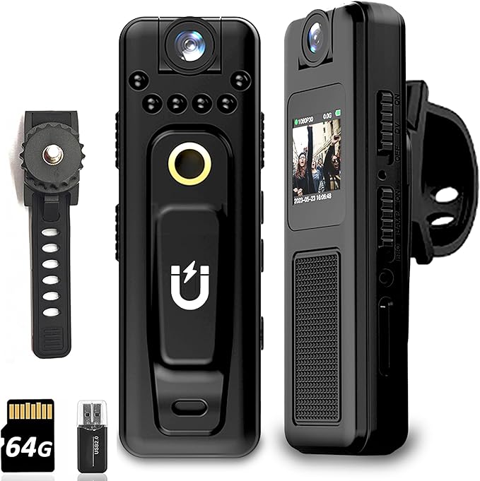 Mini Body Camera with Night Vision, 1080P HD Body Cam with 180° Rotatable Lens, Portable Body Worn Camera with 64GB Card, Loop Recording for Security, Law Enforcement, Outdoor Travel, Hiking