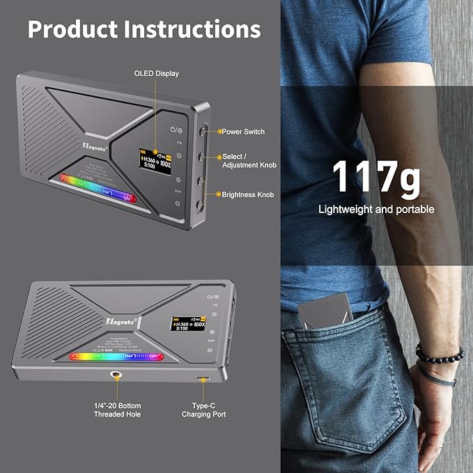 NA225 RGB Video Light App Control, 2500K-9900K, Build-in 4000mAh Rechargeable Battery Portable Phone Camera Photo Lights for Studio Photography Vlogging Streaming Live Beauty and Filming