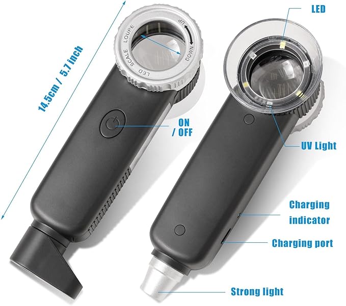 Amoper 30X Jewelry Loupe with 7 Light, USB Rechargeable Foldable Handheld Magnifying Glass with Jade Appraisal Flashlight for Jewelry Appraisal, Coins, Gemstones