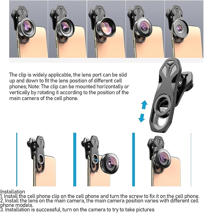 5 in 1 Phone Camera Lens Kit, 10X Macro Lens, 2X Telephoto Lens, 195° Fisheye, 110° Wide Angle, 170° Super Wide Angle, for Double Lens Single Lens Smart Phone