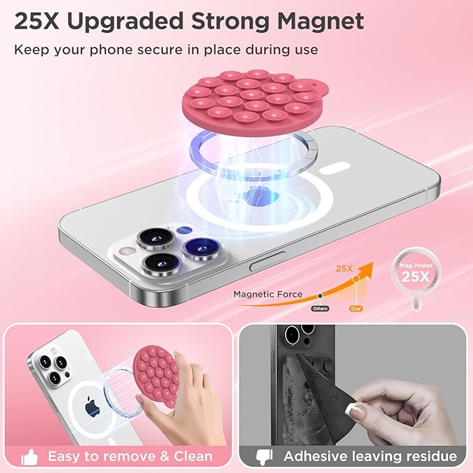 Magnetic Suction Cup Phone Mount with MagSafe, Silicone Hands-Free Grip Holder for iPhone Case and Android, Mirror Shower Phone Stand for Makeup FaceTime Gym Kitchen Bathroom, Camellia Red