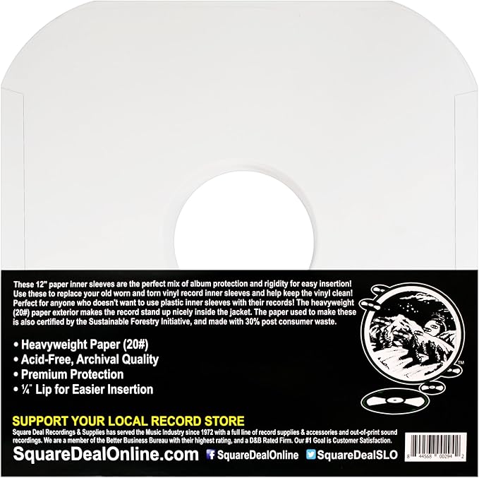 (100) Archival Quality Acid-Free Heavyweight Paper Inner Sleeves with Hole for 12" Vinyl Records - Durable 20# Paper - Easy Record Insertion - #12IW