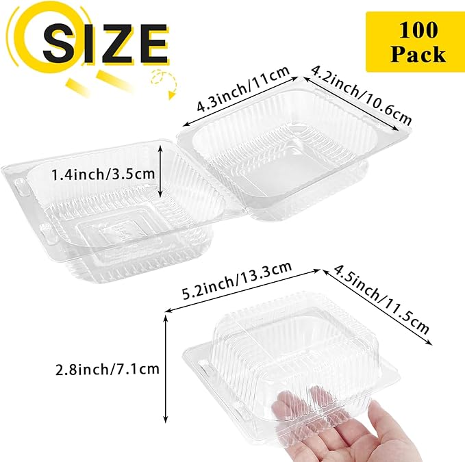 Qyyiguf 200 PCS Clear Plastic Square Hinged Containers,Disposable To Go Containers with Lids,Clamshell Food Containers for Sandwiches,Dessert,Cakes,Cookies,Salads,Pasta(5.3x4.7x2.8 In)