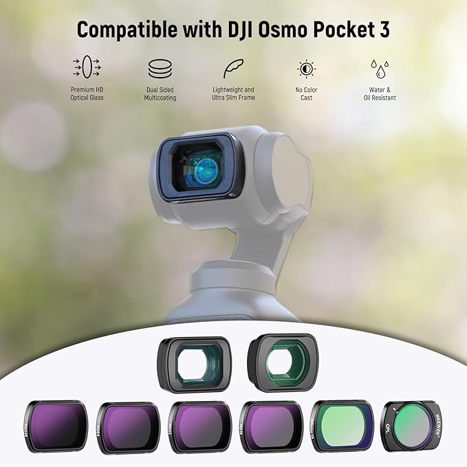 NEEWER ND Filter Set (6 Pack) Compatible with DJI Osmo Pocket 3, ND16 ND32 ND64 ND256 CPL Black Diffusion 1/4 Filter with 0.75X Wide Angle Lens, 2X Macro Lens & Screen Protector, FL-B17